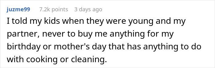 Comment on avoiding gifts like vacuums for special occasions, mentioning a spouse's advice. Comment on avoiding gifts like vacuums for special occasions, mentioning a spouse's advice.