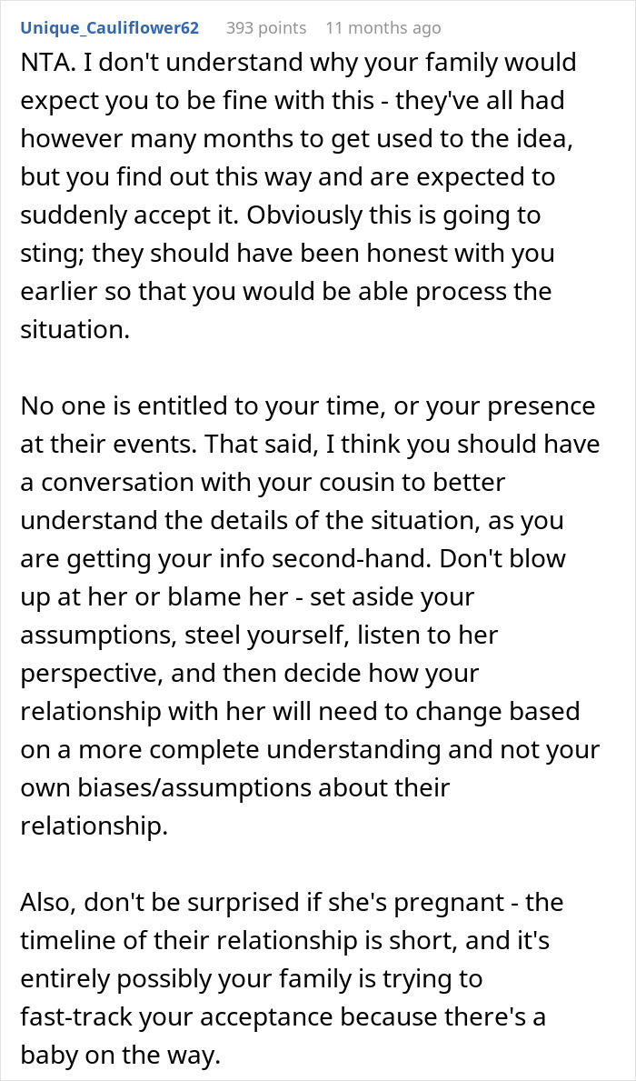 Comment discussing family and relationship dynamics after guy marries ex-girlfriend's cousin. Comment discussing family and relationship dynamics after guy marries ex-girlfriend's cousin.