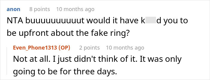 Reddit comments discussing a fake ring, leading to an engagement ending. Reddit comments discussing a fake ring, leading to an engagement ending.