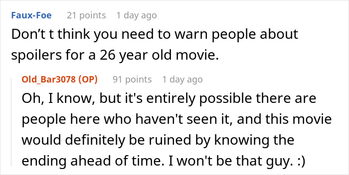 Reddit comment thread discussing spoilers for a 26-year-old movie. Reddit comment thread discussing spoilers for a 26-year-old movie.
