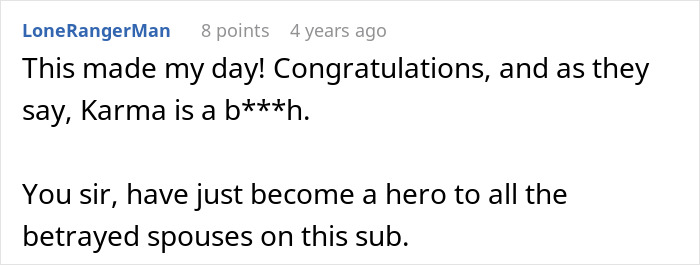 Screenshot of a comment discussing betrayed spouses and karma. Screenshot of a comment discussing betrayed spouses and karma.