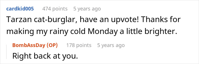 Reddit exchange about a humorous cat-burglar story, with users exchanging lighthearted comments. Reddit exchange about a humorous cat-burglar story, with users exchanging lighthearted comments.