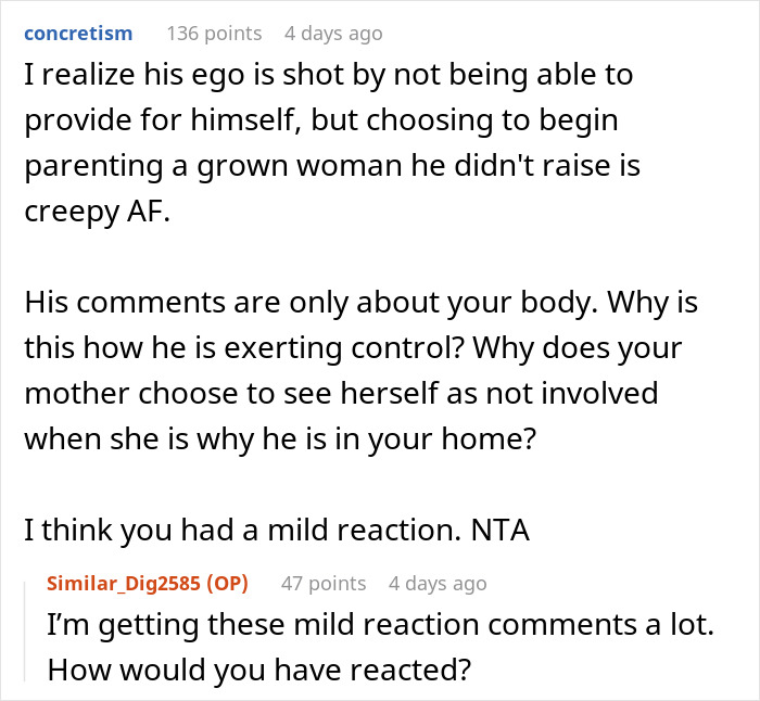 Reddit comments discussing a stepdad's control over a 27-year-old woman in her own house. Reddit comments discussing a stepdad's control over a 27-year-old woman in her own house.