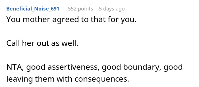 Reddit comment supporting assertion and establishing boundaries in a family babysitting scenario. Reddit comment supporting assertion and establishing boundaries in a family babysitting scenario.