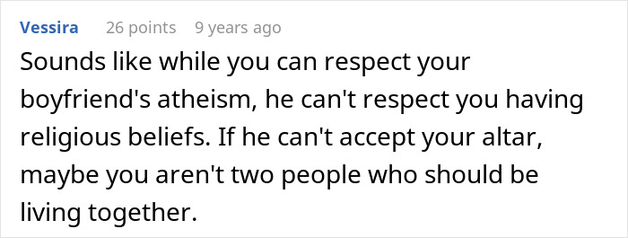 Comment discussing relationship conflict over religion and atheism. Comment discussing relationship conflict over religion and atheism.