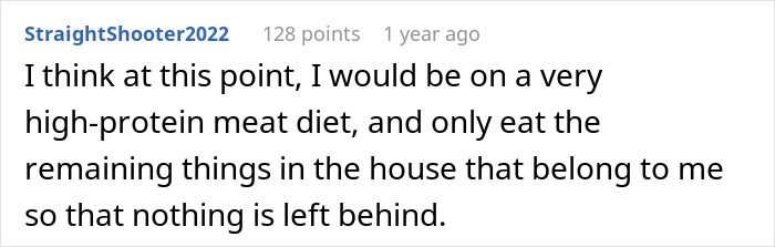 Text from a user discussing a high-protein meat diet as a solution to food sharing issues. Text from a user discussing a high-protein meat diet as a solution to food sharing issues.