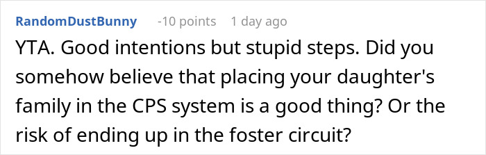 Comment discussing CPS involvement and family decisions. Comment discussing CPS involvement and family decisions.