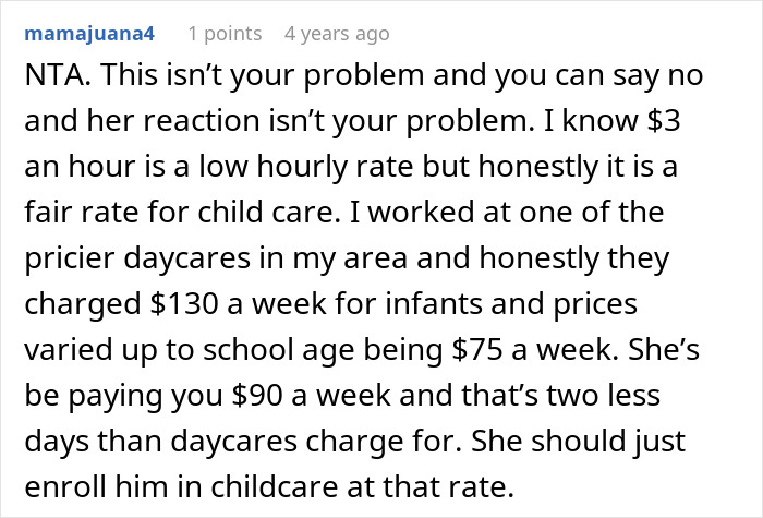 Text comment discussing babysitting rates, mentioning $3 an hour being low but comparable to daycare costs. Text comment discussing babysitting rates, mentioning $3 an hour being low but comparable to daycare costs.