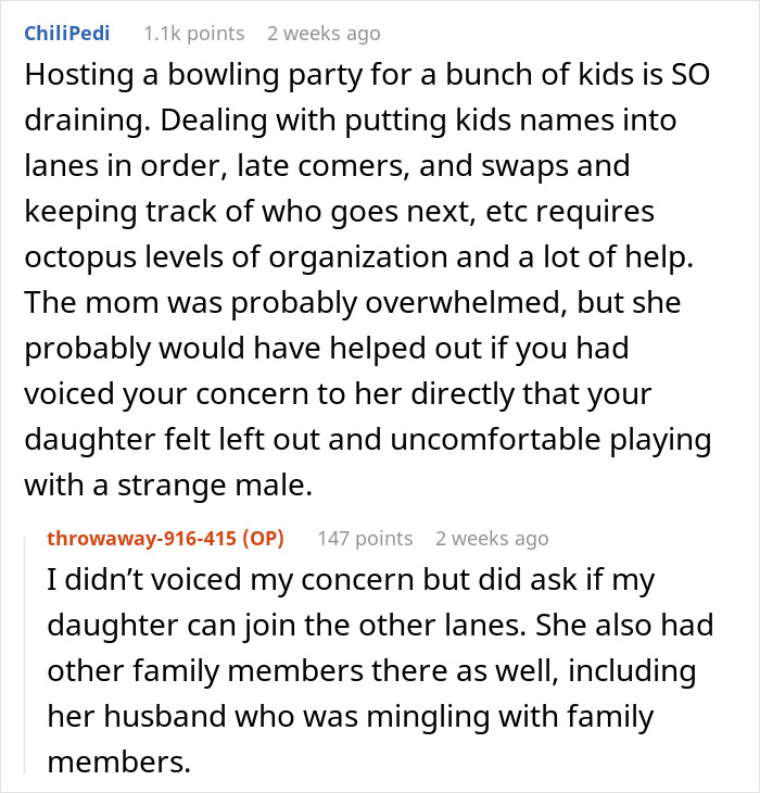 Reddit comment about a mom taking her daughter home from an uncomfortable birthday party experience. Reddit comment about a mom taking her daughter home from an uncomfortable birthday party experience.