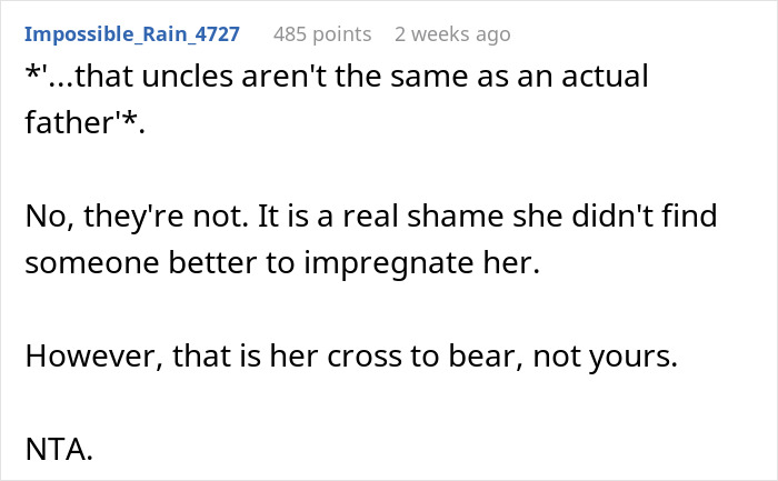 Comment about an uncle not replacing a father, discussing parental role expectations. Comment about an uncle not replacing a father, discussing parental role expectations.