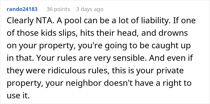 Text from a comment discussing liability and rules for a homeowner's pool. Text from a comment discussing liability and rules for a homeowner's pool.