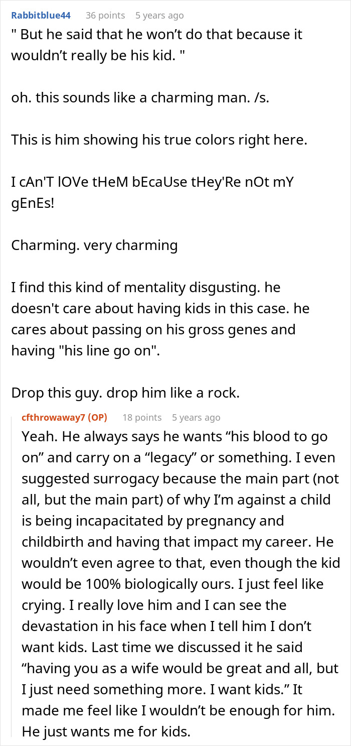 Reddit comments discussing a woman's fear of motherhood and her boyfriend's insistence on having children. Reddit comments discussing a woman's fear of motherhood and her boyfriend's insistence on having children.