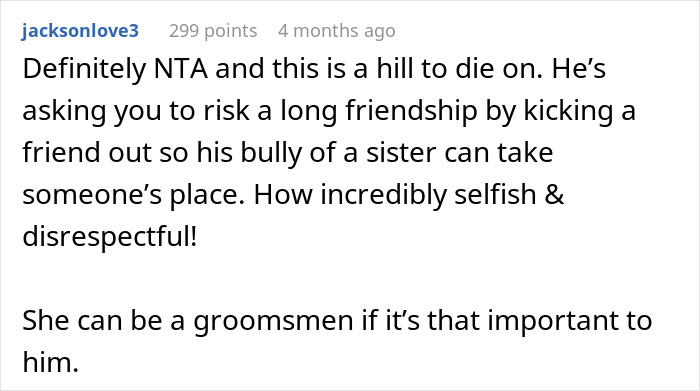 Reddit comment defending a woman questioning her wedding over fiancé siding with bullying sister. Reddit comment defending a woman questioning her wedding over fiancé siding with bullying sister.