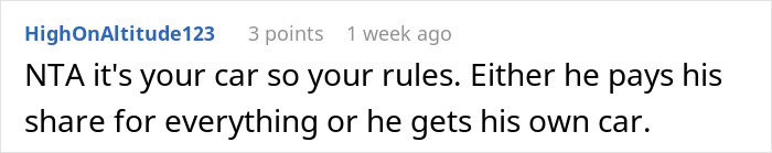Online comment suggests husband should pay half of wife's car bills or get his own car. Online comment suggests husband should pay half of wife's car bills or get his own car.