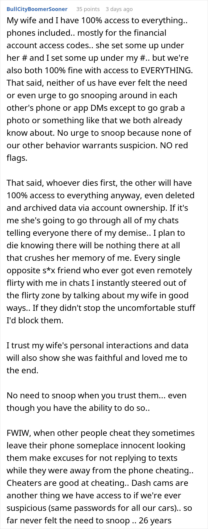 Man discusses trust in marriage, mentions wife monitoring spending and phone camera use. Man discusses trust in marriage, mentions wife monitoring spending and phone camera use.