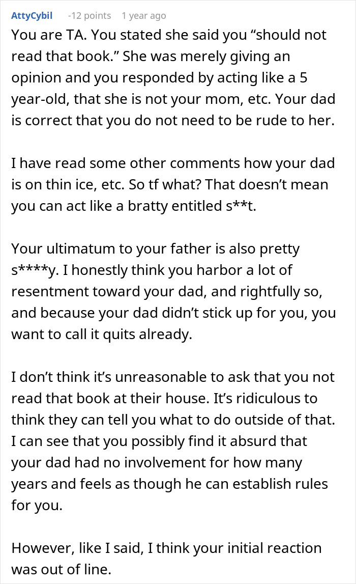 Stepmom Tries To Censor What 16YO Reads, He Decides Not To Visit His Dad Anymore Stepmom Tries To Censor What 16YO Reads, He Decides Not To Visit His Dad Anymore