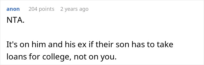 Reddit comment on family college fund dispute, criticizing son's parents for potential loans. Reddit comment on family college fund dispute, criticizing son's parents for potential loans.