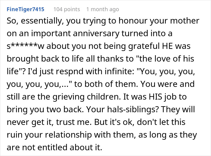 Text discussing the father's reaction on the anniversary of the mom's passing. Text discussing the father's reaction on the anniversary of the mom's passing.