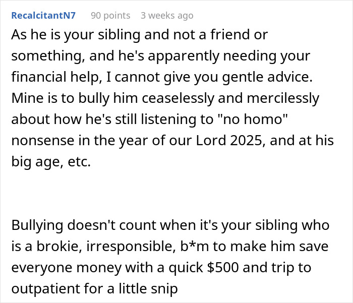 Comment discussing sibling's irresponsible behavior related to pregnancy and financial issues. Comment discussing sibling's irresponsible behavior related to pregnancy and financial issues.