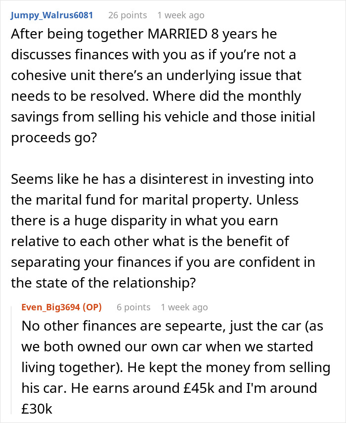 Discussion about whether the woman is wrong for wanting her husband to split car bills. Discussion about whether the woman is wrong for wanting her husband to split car bills.