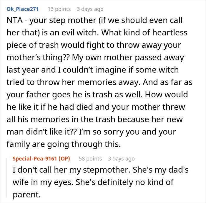 User comments discussing accusations of stealing late mom’s belongings, emotional family drama details. User comments discussing accusations of stealing late mom’s belongings, emotional family drama details.