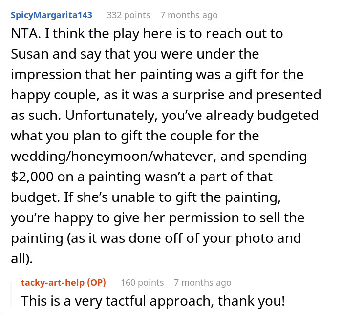 Comment discussing budget concerns over unexpected painting purchase for a couple's gift. Comment discussing budget concerns over unexpected painting purchase for a couple's gift.