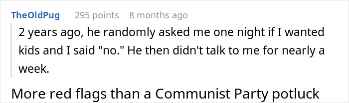 Screenshot of a Reddit comment discussing a couple's deep talk about wanting kids. Screenshot of a Reddit comment discussing a couple's deep talk about wanting kids.