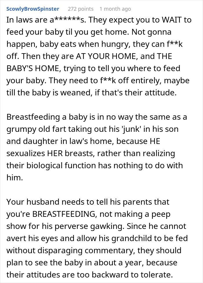 Breastfeeding son causes tension with father-in-law, who reacts negatively and is advised to rethink his discomfort. Breastfeeding son causes tension with father-in-law, who reacts negatively and is advised to rethink his discomfort.