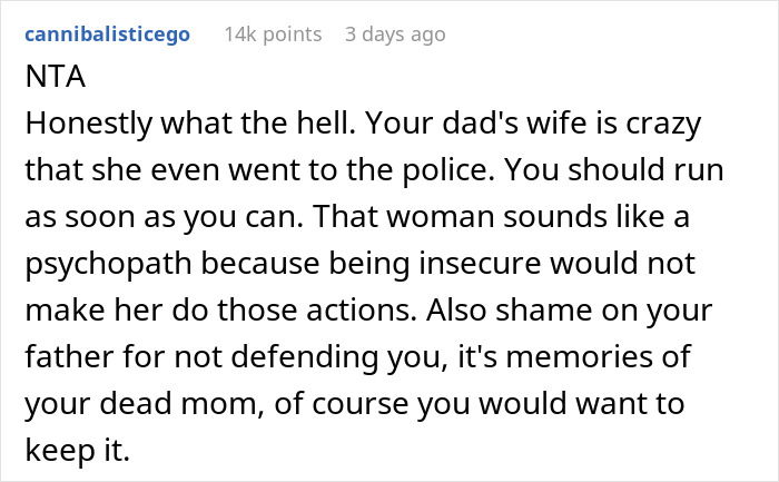 Reddit comment defending a woman accused of stealing, criticizing the behavior of her dad's wife. Reddit comment defending a woman accused of stealing, criticizing the behavior of her dad's wife.