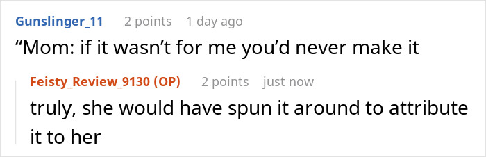Text conversation: One person recalls a mother's doubt; another comments on the mother's behavior. Text conversation: One person recalls a mother's doubt; another comments on the mother's behavior.