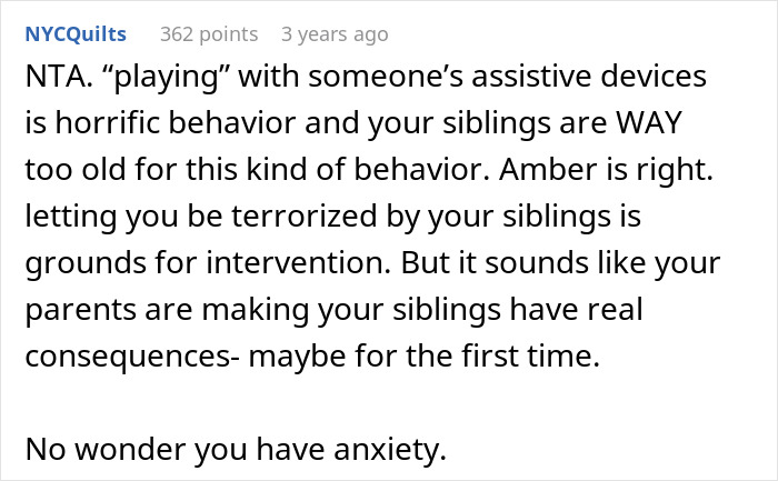 Text screenshot discussing consequences of hiding teen's hearing aids and glasses. Text screenshot discussing consequences of hiding teen's hearing aids and glasses.