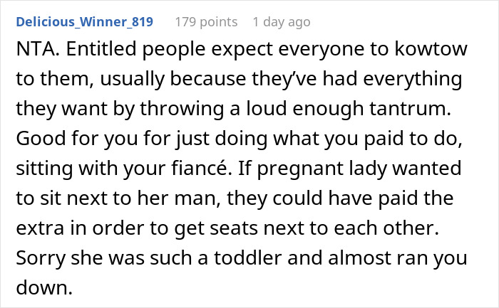 Reddit comment discussing refusal to give up a plane seat to a rude pregnant woman. Reddit comment discussing refusal to give up a plane seat to a rude pregnant woman.