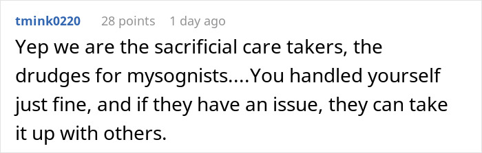 Reddit comment discussing reluctant caretaking responsibility and criticism of misogynists. Reddit comment discussing reluctant caretaking responsibility and criticism of misogynists.