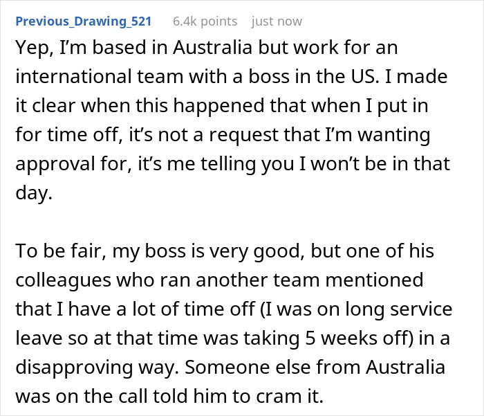Text from European employee about taking PTO, asserting that time off is informed, not requested. Text from European employee about taking PTO, asserting that time off is informed, not requested.