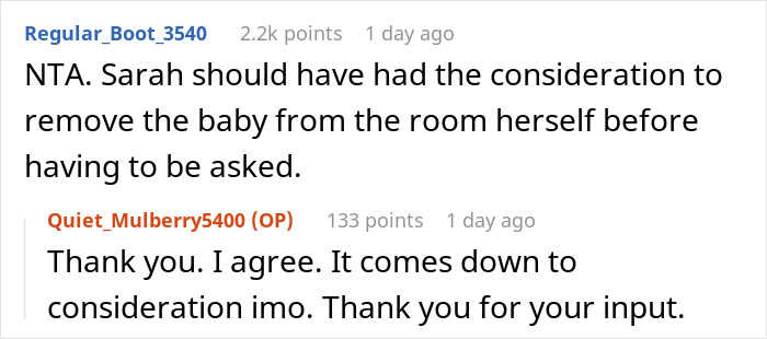Reddit comments discussing baby crying at a friend's birthday. Reddit comments discussing baby crying at a friend's birthday.