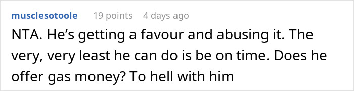 Comment discussing repeated lateness in ride-sharing arrangements, emphasizing punctuality and fairness. Comment discussing repeated lateness in ride-sharing arrangements, emphasizing punctuality and fairness.