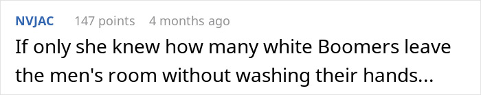 A comment about Boomers and handwashing in a restroom context, with username NVJAC and their points visible. A comment about Boomers and handwashing in a restroom context, with username NVJAC and their points visible.