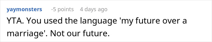 Reddit comment discussing promotion refusal in marriage context. Reddit comment discussing promotion refusal in marriage context.