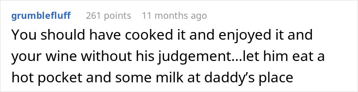 Comment discussing wine and judgment, suggests enjoying wine despite BF's refusal citing family alcoholism genes. Comment discussing wine and judgment, suggests enjoying wine despite BF's refusal citing family alcoholism genes.