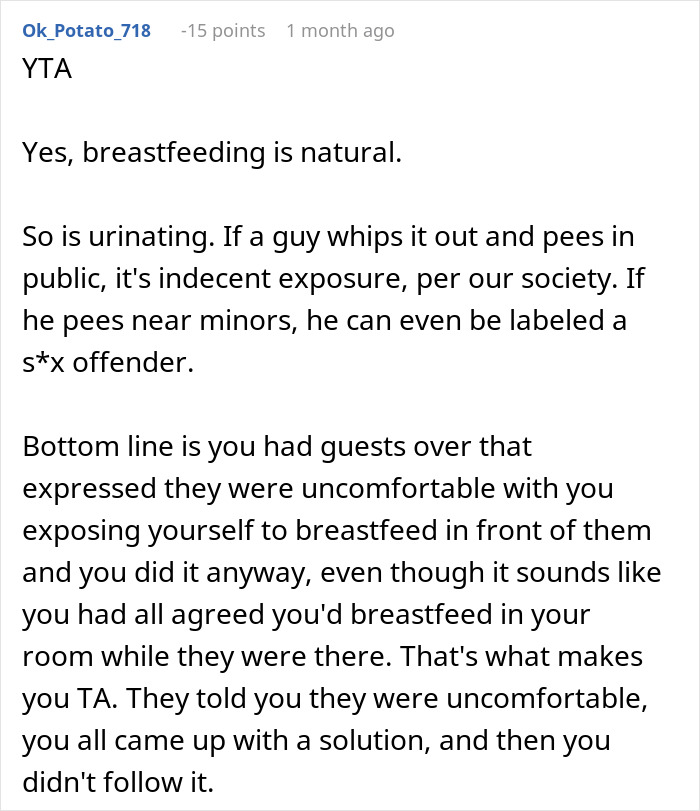 Text discussing breastfeeding and guests feeling uncomfortable around it. Text discussing breastfeeding and guests feeling uncomfortable around it.