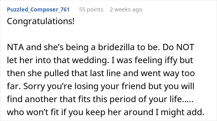 Comment about a best friend causing drama at a wedding, labeled "bridezilla," and advice on rejecting her engagement plans. Comment about a best friend causing drama at a wedding, labeled "bridezilla," and advice on rejecting her engagement plans.
