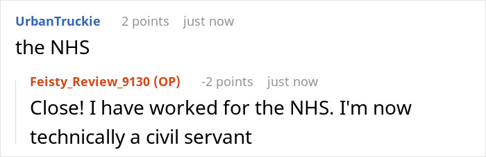 Screenshot of a Reddit conversation about working for the NHS and being a civil servant. Screenshot of a Reddit conversation about working for the NHS and being a civil servant.
