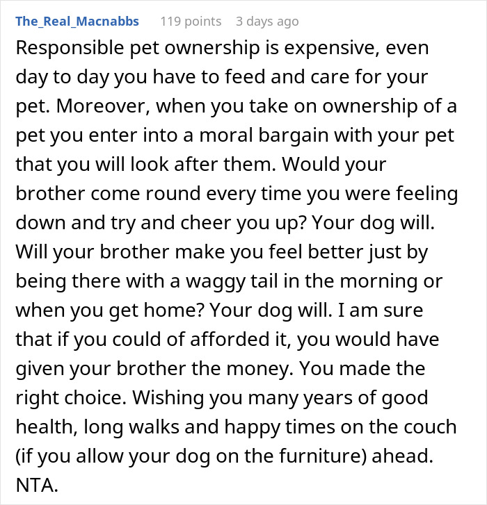 Reddit comment discussing the expense and moral duty of responsible pet ownership over lending money to family. Reddit comment discussing the expense and moral duty of responsible pet ownership over lending money to family.