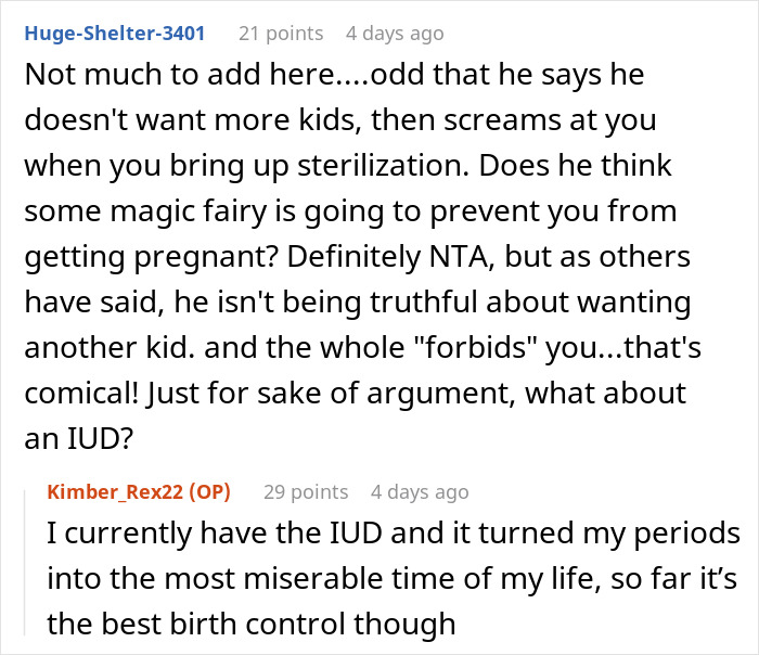 Reddit comments discussing sterilization concerns and IUD experiences in a relationship context. Reddit comments discussing sterilization concerns and IUD experiences in a relationship context.