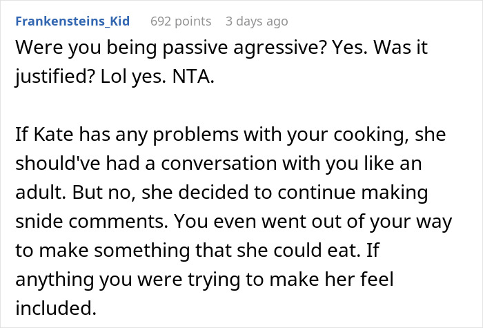Text discussing a woman insulting coworker's cooking, passive aggression, and trying to make her feel included. Text discussing a woman insulting coworker's cooking, passive aggression, and trying to make her feel included.
