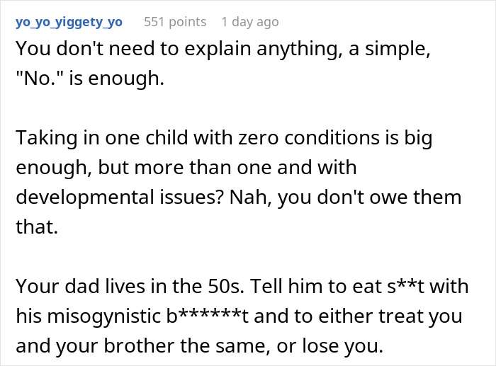 Text screenshot discussing a woman's situation about caring for stepsiblings and voicing strong opinions. Text screenshot discussing a woman's situation about caring for stepsiblings and voicing strong opinions.