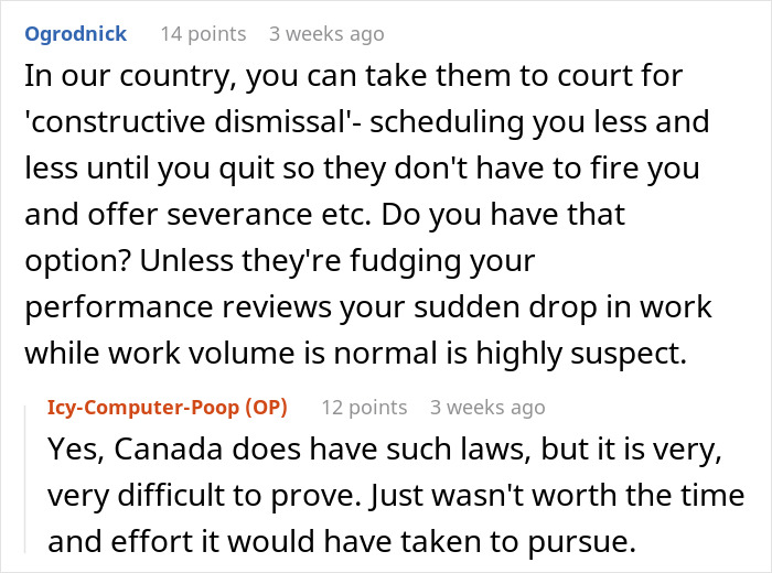Reddit discussion about dismissal laws and proving constructive dismissal in Canada. Reddit discussion about dismissal laws and proving constructive dismissal in Canada.