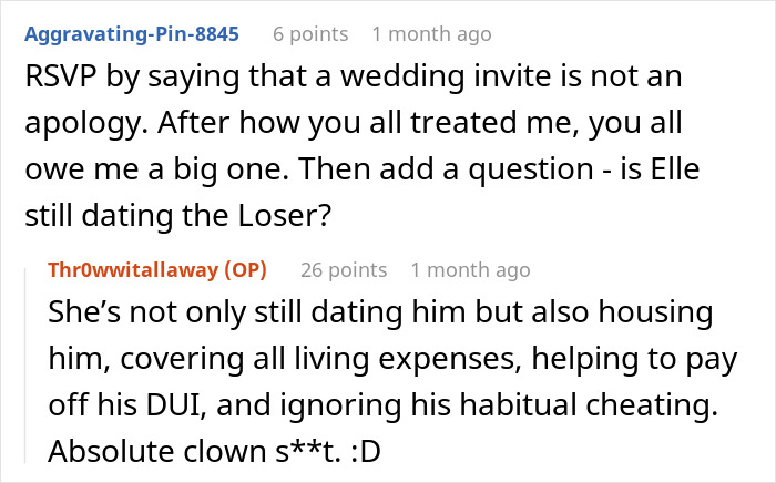 Two Reddit comments discussing a wedding invitation and relationship issues with an ex-girlfriend's family. Two Reddit comments discussing a wedding invitation and relationship issues with an ex-girlfriend's family.