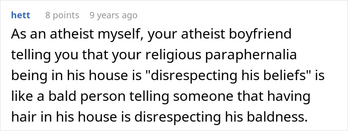 Comment discussing conflict between atheism and religion in a relationship, comparing it to baldness and hair. Comment discussing conflict between atheism and religion in a relationship, comparing it to baldness and hair.