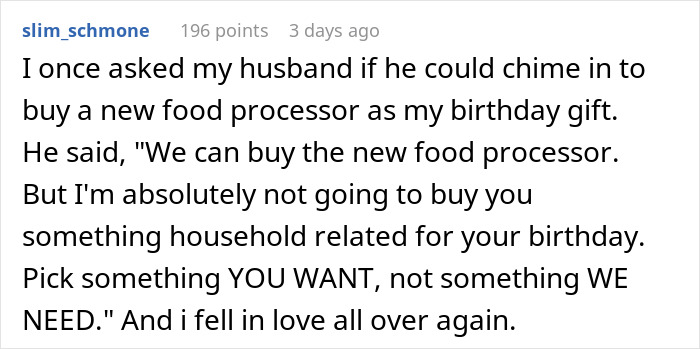 Text post about husband buying non-household gift instead of vacuum for wife. Text post about husband buying non-household gift instead of vacuum for wife.